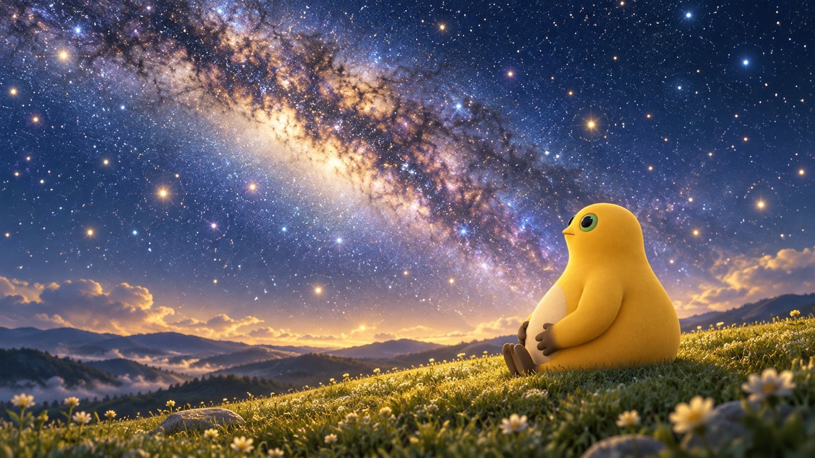 奶蛙在星空下的草地上仰望银河